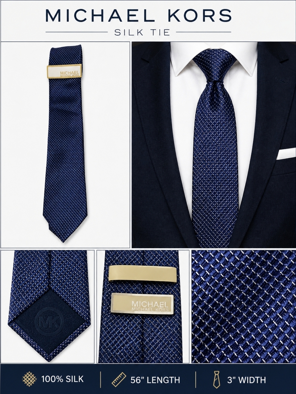 Michael Kors Navy Blue Silk Tie Classic Width